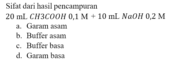 Sifat dari hasil pencampuran
20 mL CH3COOH 0,1 M + 10 mL NaOH 0,2 M
a. Garam asam
b. Buffer asam
c. Buffer basa
d. Garam basa