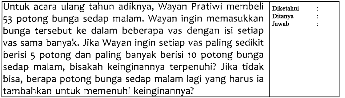 Untuk acara ulang tahun adiknya, Wayan Pratiwi membeli 53 potong bunga sedap malam. Wayan ingin memasukkan bunga tersebut ke dalam beberapa dengan isi setiap vas vas sama banyak Jika Wayan ingin setiap vas paling sedikit berisi 5 potong dan paling banyak berisi 10 potong bunga sedap malam, bisakah keinginannya terpenuhi? Jika tidak bisa, berapa potong bunga sedap malam lagi yang harus ia tambahkan untuk memenuhi keinginannya?