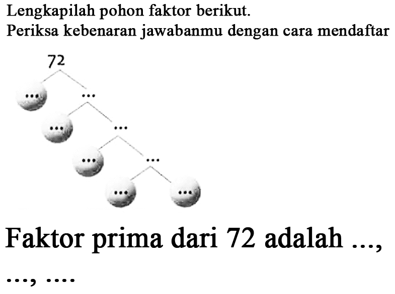 Lengkapilah pohon faktor berikut Periksa kebenaran jawabanmu dengan cara mendaftar 72 Faktor prima dari 72 adalah