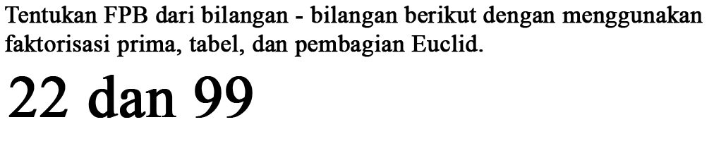 Tentukan FPB dari bilangan bilangan berikut dengan menggunakan faktorisasi prima, tabel, dan pembagian Euclid. 22 dan 99