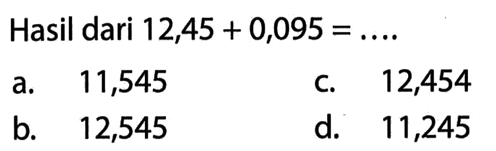 Hasil dari 12,45 + 0,095 = ....