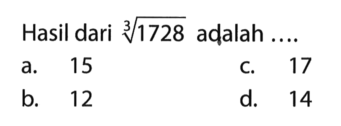 Hasil dari 1728^(1/3) adalah ....