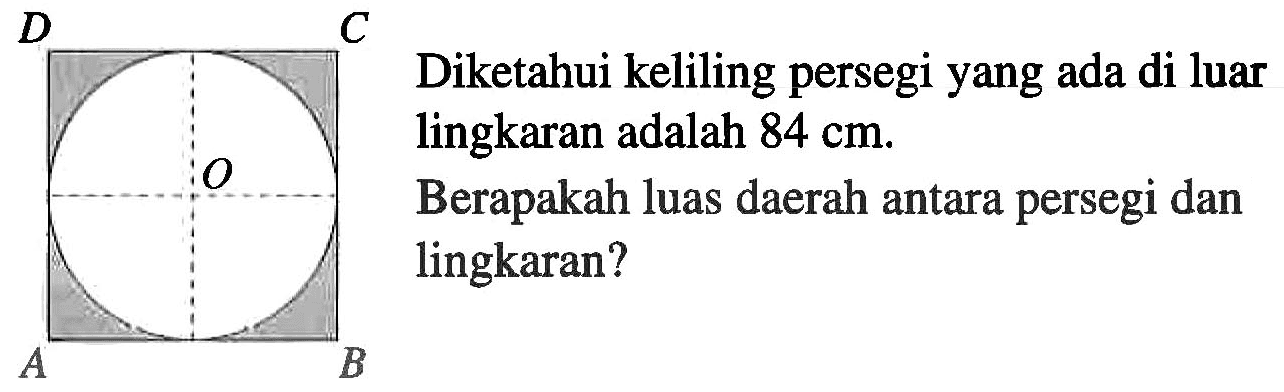 Diketahui keliling persegi yang ada di luar lingkaran adalah 84 cm.
 Berapakah luas daerah antara persegi dan lingkaran?