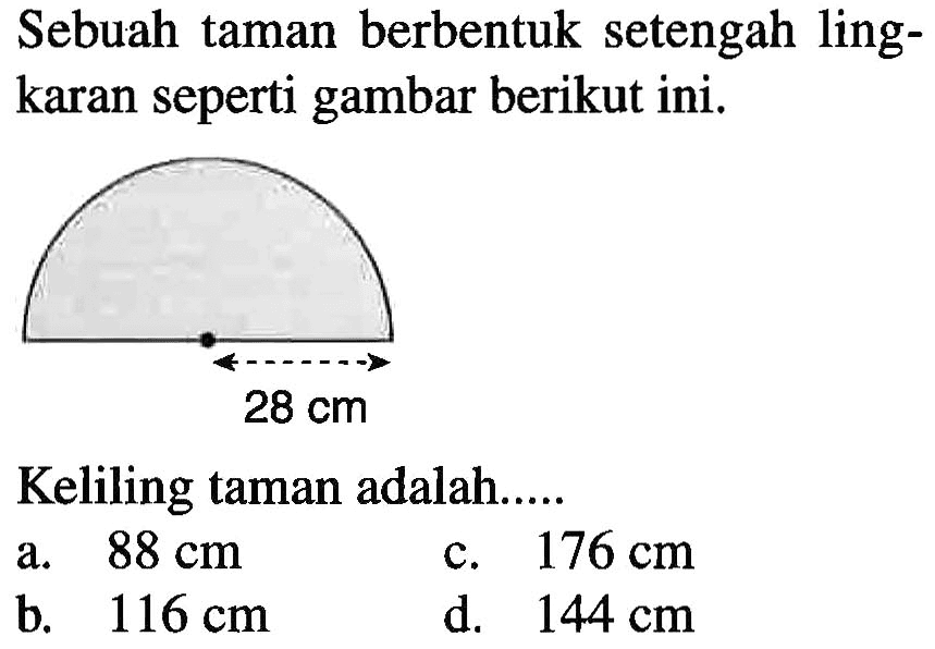 Sebuah taman berbentuk setengah lingkaran seperti gambar berikut ini. 28 cm Keliling taman adalah ...