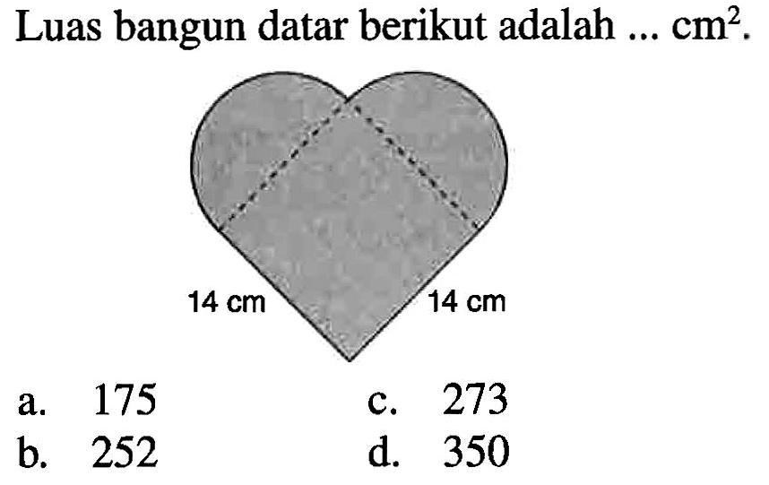 Luas bangun datar berikut adalah cm?. 14 cm 14 cm 175 273 a. C. b 252 d 350