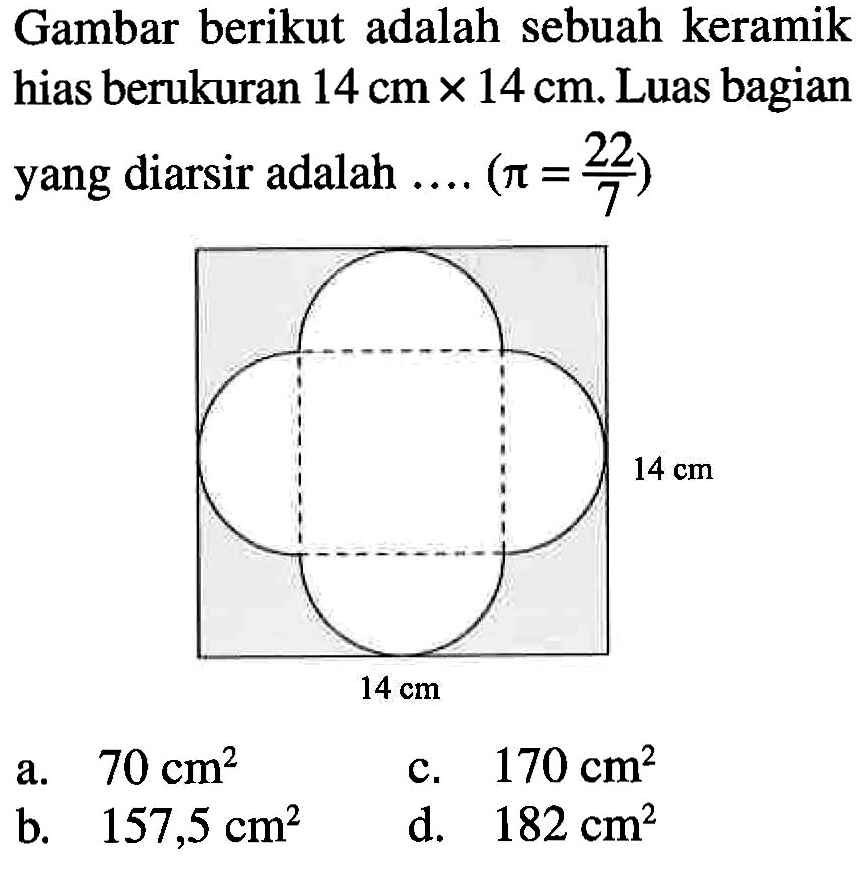 Gambar berikut adalah sebuah keramik hias berukuran 14 cm x 14cm. Luas bagian yang diarsir adalah ... (pi = 22/7) 14 cm 14 cm