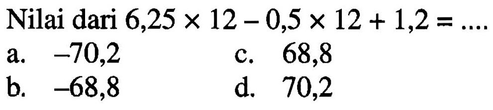 Nilai dari 6,25 x 12 - 0,5 x 12 + 1,2 = ...