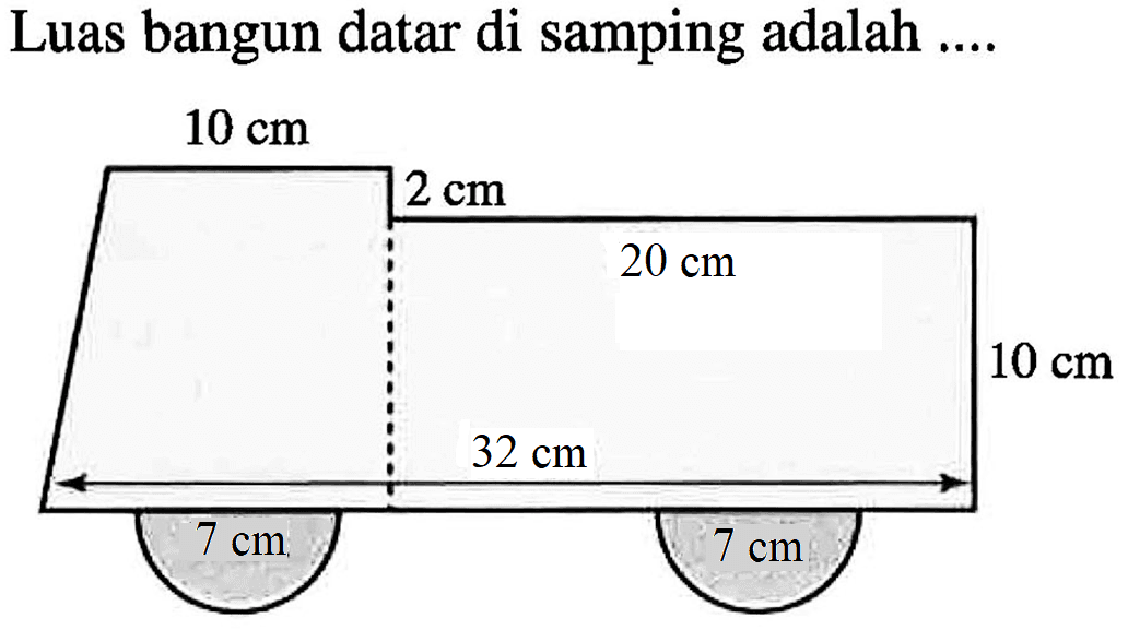 Luas bangun datar di samping adalah 10 cm 2 cm 20 cm 10 cm 32 cm 7 cm 7 cm