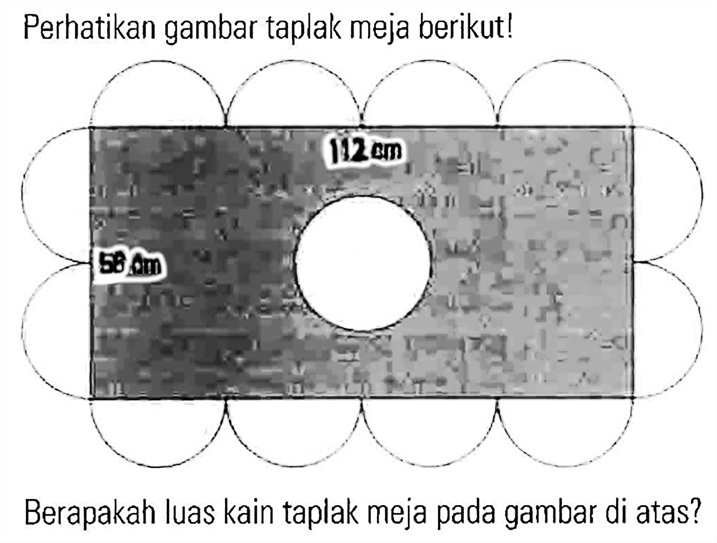 Perhatikan gambar taplak meja berikut!
112 cm
58 cm
Berapakah luas kain taplak meja pada gambar di atas?