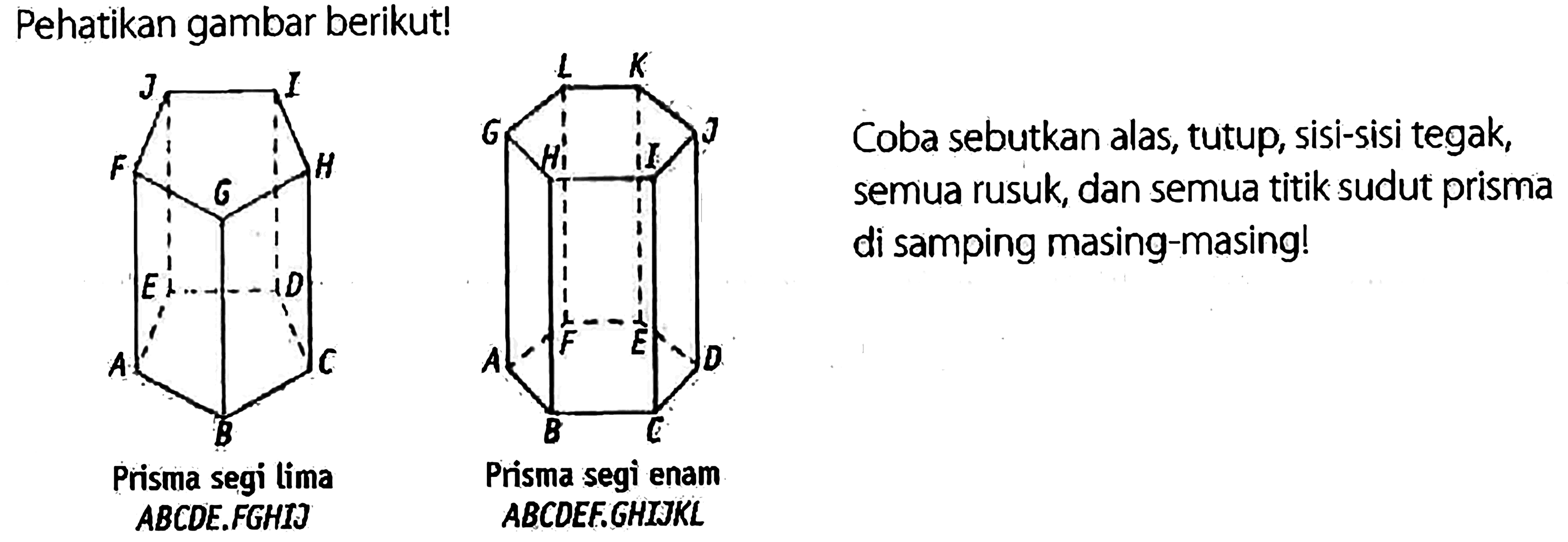 Pehatikan gambar berikut! Coba sebutkan alas, tutup, sisi-sisi tegak, semua rusuk, dan semua titik sudut prisma di samping masing-masing! Prisma segi lima ABCDE.FGHIJ Prisma segi enam ABCDEF.GHIJKL