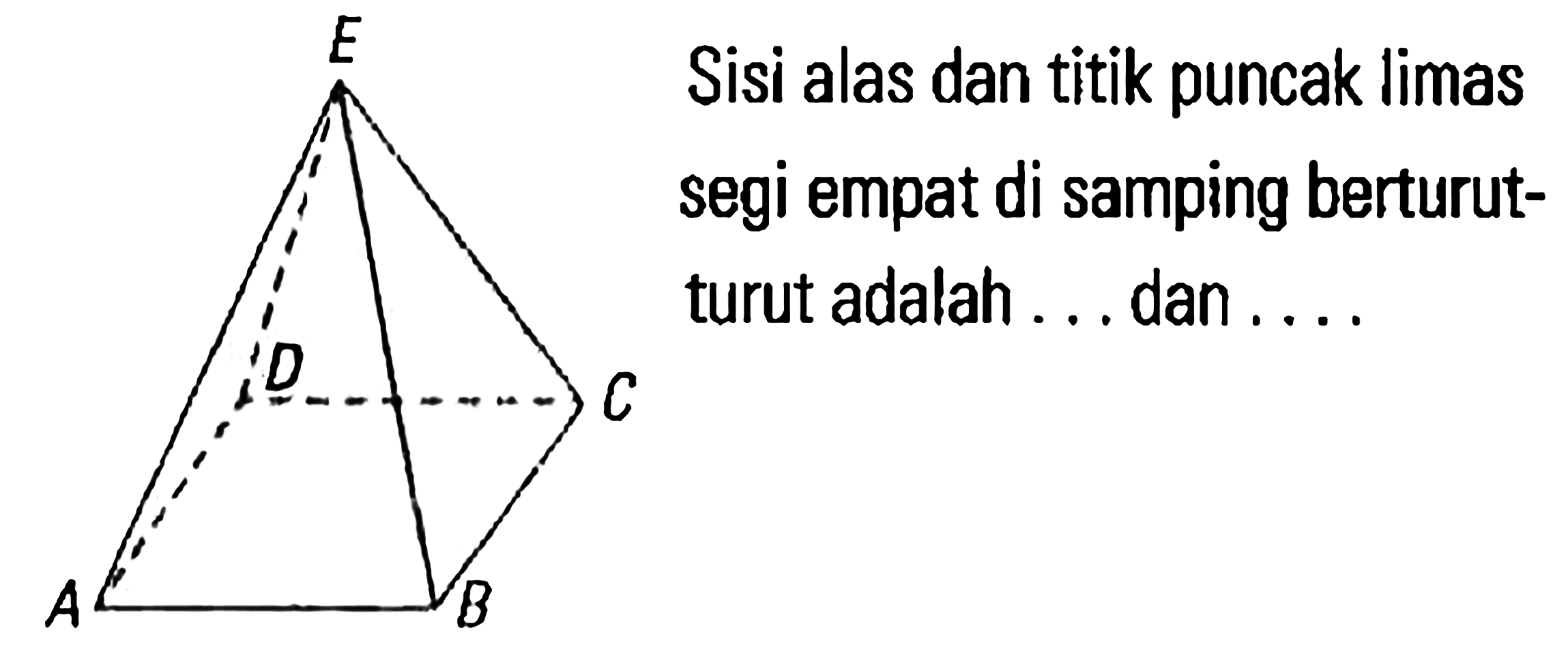 Sisi alas dan titik puncak limas segi empat di samping berturut- turut adalah ... dan ...