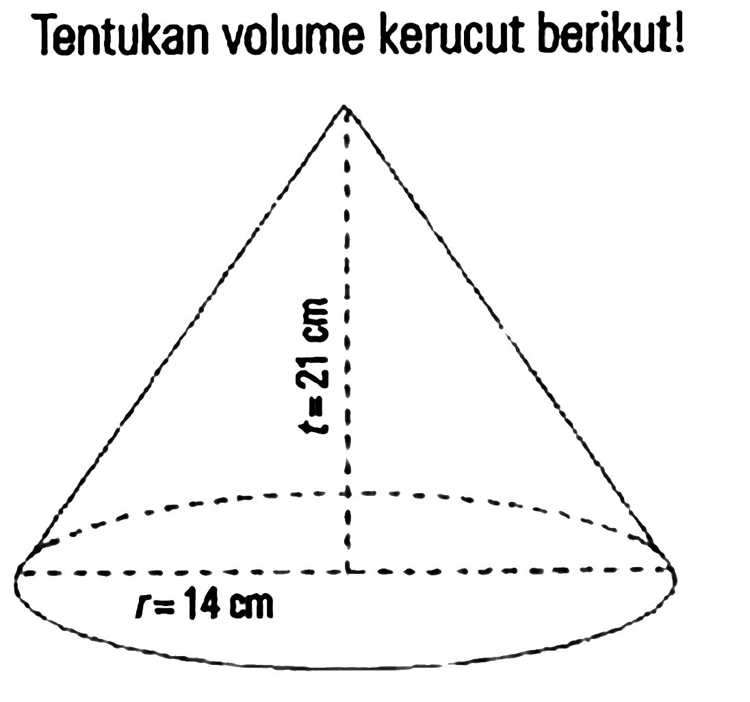 Tentukan volume kerucut berikut! r = 14 cm t = 21 cm