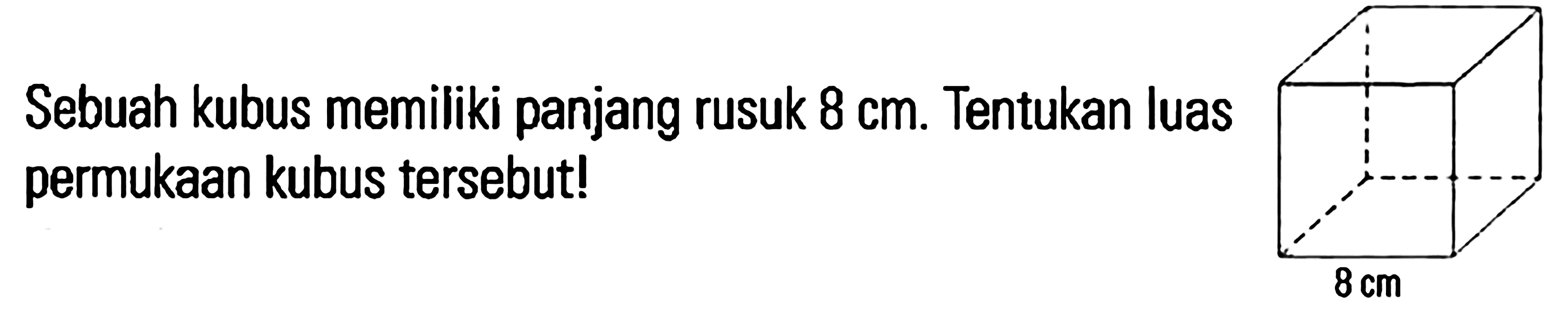 Sebuah kubus memiliki panjang rusuk 8 cm. Tentukan luas permukaan kubus tersebut! 8 cm