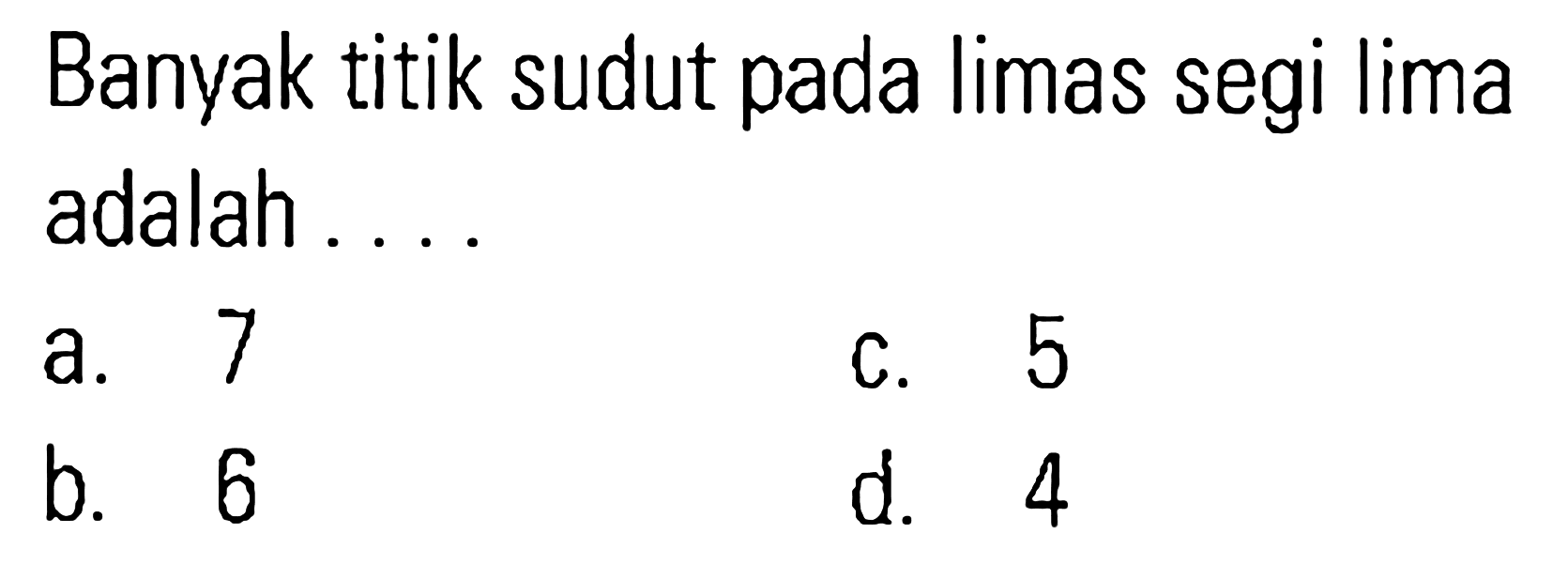 Banyak titik sudut pada limas segi lima adalah ....