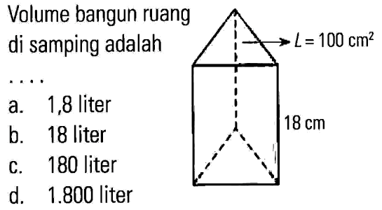 Volume bangun ruang di samping adalah L=100 cm^2 18 cm