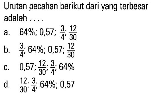 Urutan pecahan berikut dari yang terbesar adalah....