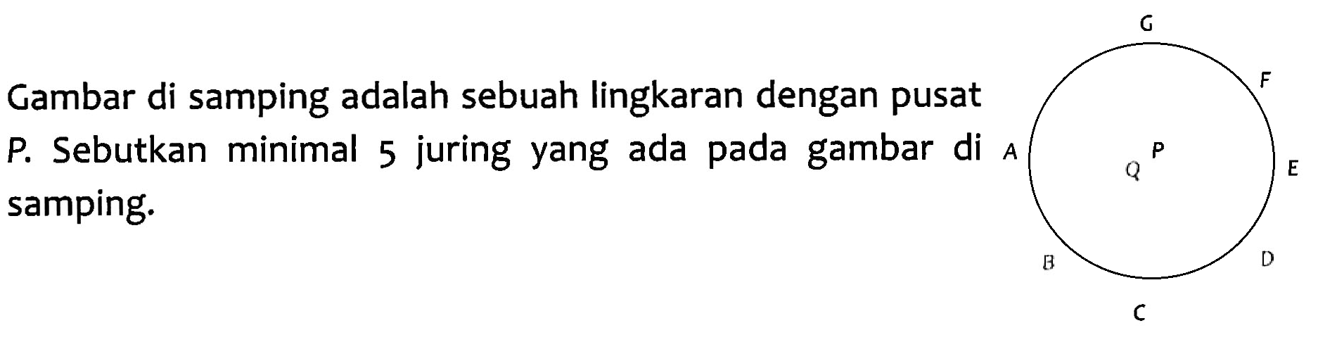 Gambar di samping adalah sebuah lingkaran dengan pusat P. Sebutkan minimal 5 juring yang ada pada gambar di samping.