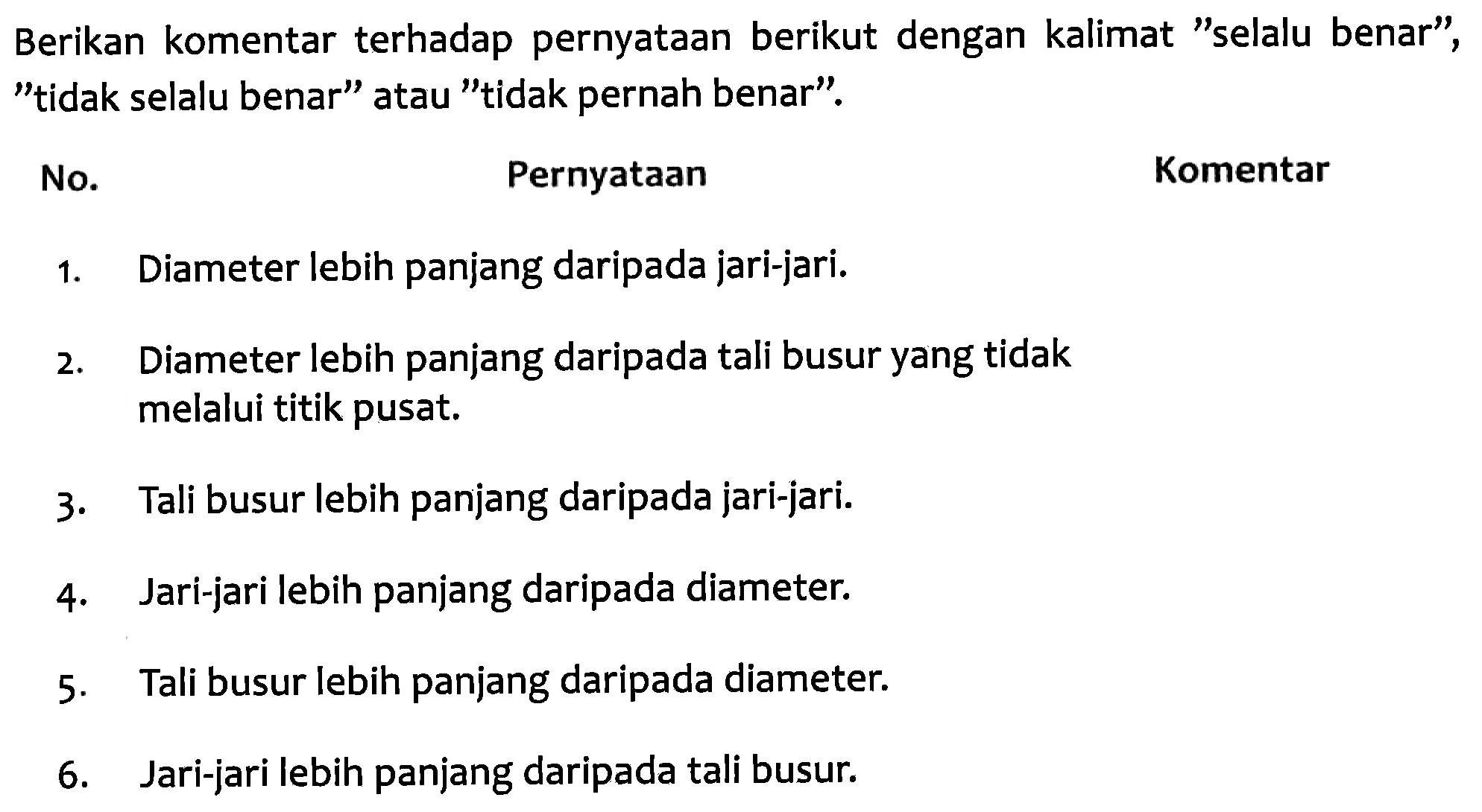 Berikan komentar terhadap pernyataan berikut dengan kalimat "selalu benar", "tidak selalu benar" atau "tidak pernah benar". 
 No. Pernyataan Komentar 
 1. Diameter lebih panjang daripada jari-jari. 
 2. Diameter lebih panjang daripada tali busur yang tidak 
 3. melalui titik pusat. Tali busur lebih panjang daripada jari-jari. 
 4. Jari-jari lebih panjang daripada diameter. 
 5. Tali busur lebih panjang daripada diameter. 
 6. Jari-jari lebih panjang daripada tali busur.