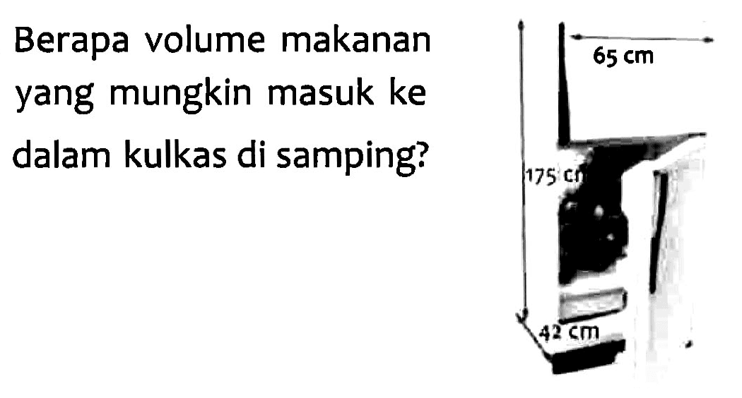 Berapa volume makanan yang mungkin masuk ke dalam kulkas di samping?