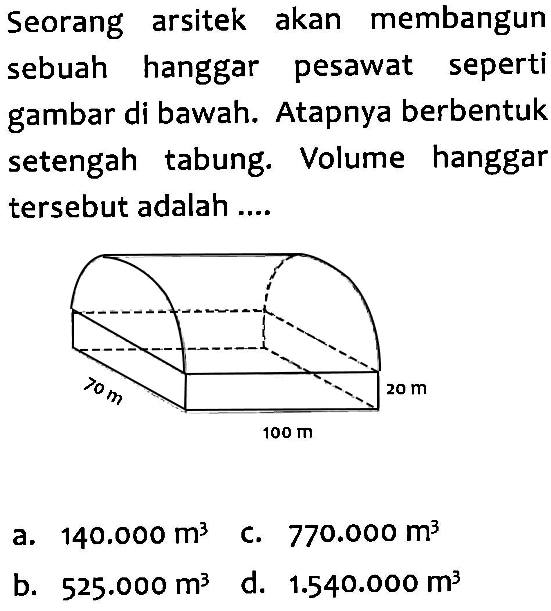 Seorang arsitek akan membangun sebuah hanggar pesawat seperti gambar di bawah. Atapnya berbentuk setengah tabung. Volume hanggar tersebut adalah .... 70 m 100 m 20 m