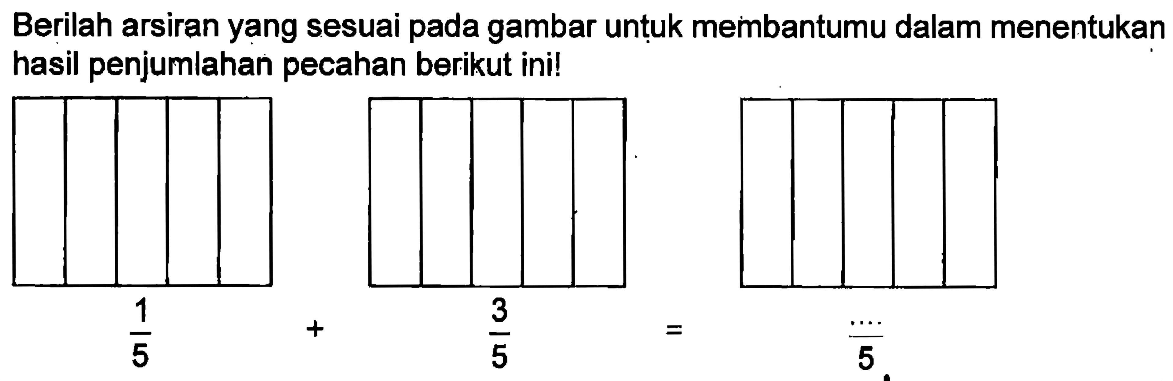 Berilah arsiran yang sesuai pada gambar untuk membantumu dalam menentukan hasil penjumlahan pecahan berikut ini! 1/5 + 3/5 = .../5