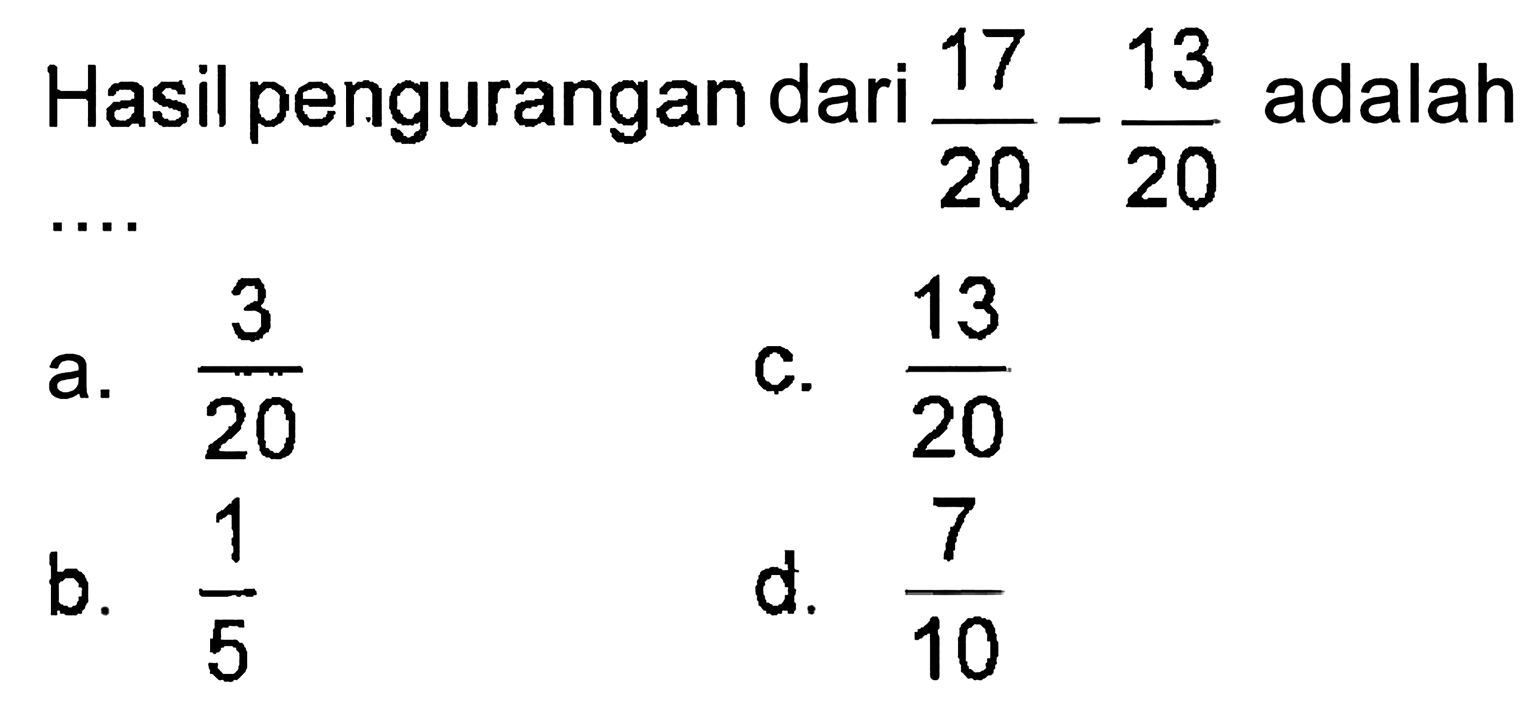 Hasil pengurangan dari 17/20 - 13/20 adalah ....