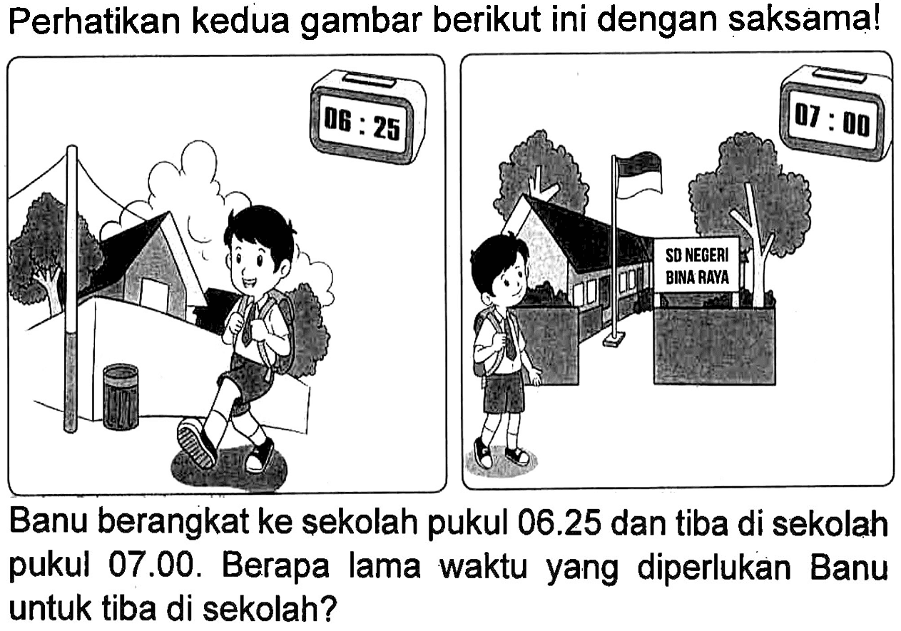 Perhatikan kedua gambar berikut ini dengan saksama! Banu berangkat ke sekolah pukul 06.25 dan tiba di sekolah pukul 07.00. Berapa lama waktu yang diperlukan Banu untuk tiba di sekolah?