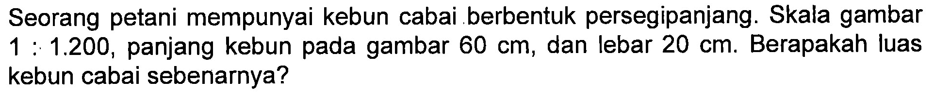 Seorang petani mempunyai kebun cabai berbentuk persegipanjang. Skala gambar 1 : 1.200, panjang kebun pada gambar 60 cm, dan lebar 20 cm. Berapakah luas kebun cabai sebenarnya?