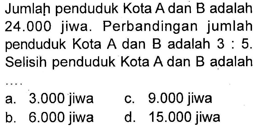 Jumlah penduduk Kota A dan B adalah 24.000 jiwa. Perbandingan jumlah penduduk Kota A dan B adalah 3 : 5. Selisih penduduk Kota A dan B adalah ....