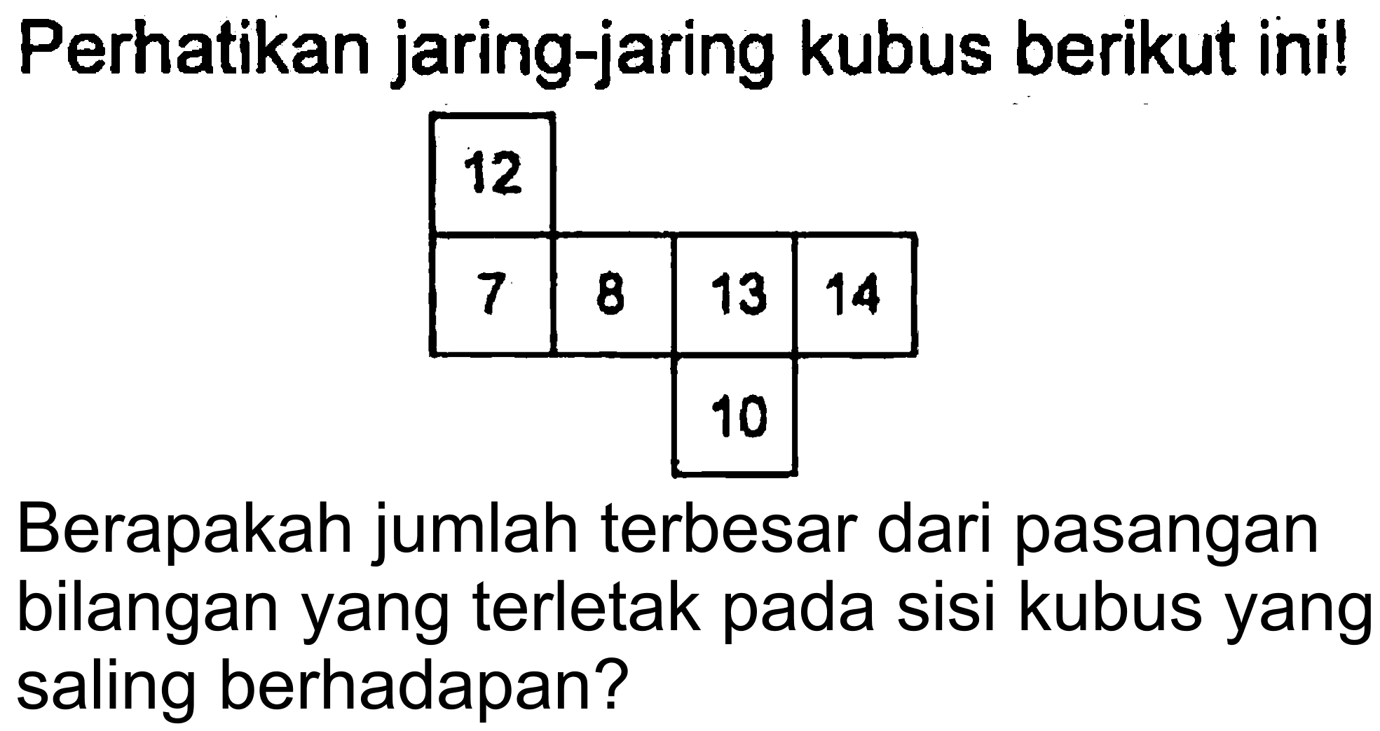 Perhatikan jaring-jaring kubus berikut ini! Berapakah jumlah terbesar dari pasangan bilangan yang terletak pada sisi kubus yang saling berhadapan?