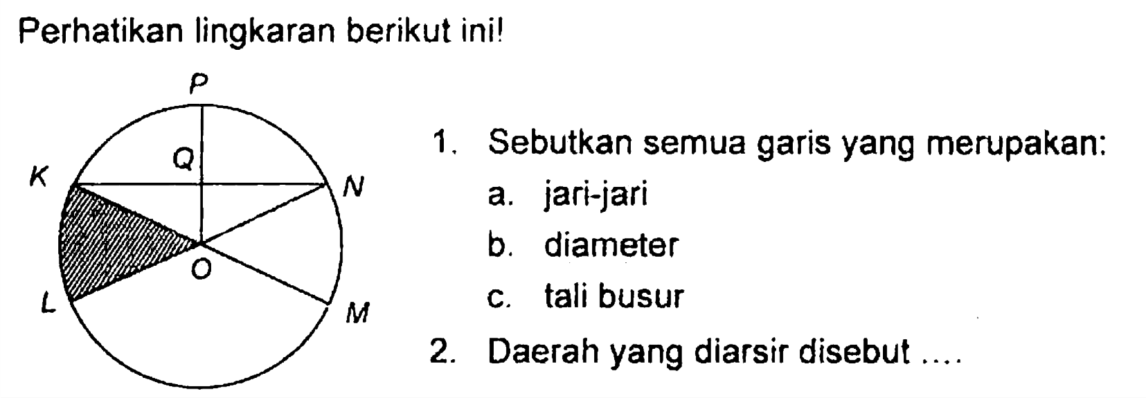 Perhatikan lingkaran berikut ini! a. Sebutkan semua garis yang merupakan: a. jari-jari b. diameter c. tali busur 2. Daerah yang diarsir disebut....