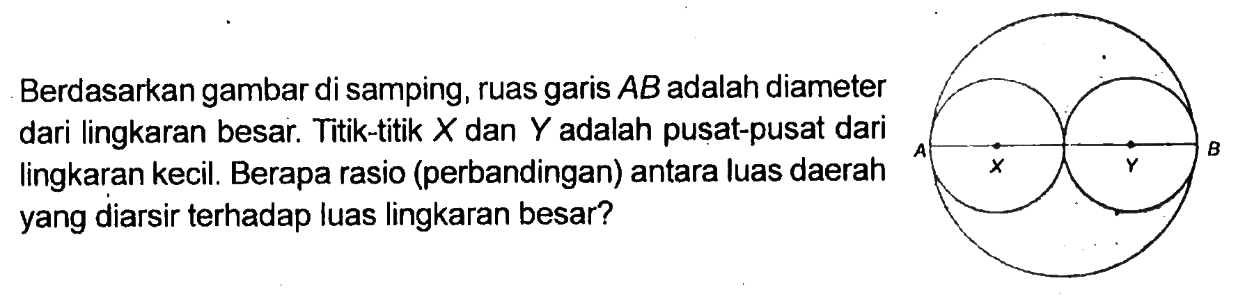 Berdasarkan gambar di samping, ruas garis  AB adalah diameter dari lingkaran besar. Titik-titik  X  dan  Y  adalah pusat-pusat dari lingkaran kecil. Berapa rasio (perbandingan) antara luas daerah yang diarsir terhadap luas lingkaran besar?
A B X Y