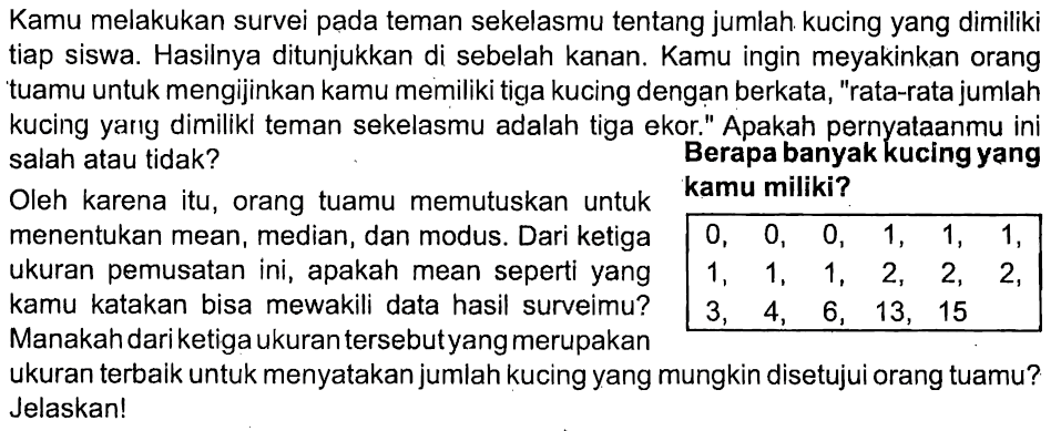 Kamu melakukan survei pada teman sekelasmu tentang jumlah kucing yang dimiliki tiap siswa. Hasilnya ditunjukkan di sebelah kanan. Kamu ingin meyakinkan orang tuamu untuk mengijinkan kamu memiliki tiga kucing dengan berkata, "rata-rata jumlah kucing yang dimiliki teman sekelasmu adalah tiga ekor." Apakah pernyataanmu ini salah atau tidak? Oleh karena itu, orang tuamu memutuskan untuk menentukan mean, median, dan modus Dari ketiga ukuran pemusatan ini, apakah mean seperti yang kamu katakan bisa mewakili data hasil surveimu? Manakah dari ketiga ukuran tersebut yang merupakan ukuran terbalk untuk menyatakan jumlah kucing yang mungkin disetujui orang tuamu? Jelaskan! Berapa banyak yang kamu miliki? 0, 0, 0, 1, 1, 1, 1, 1, 1, 2, 2, 2, 3, 4, 6, 13, 5