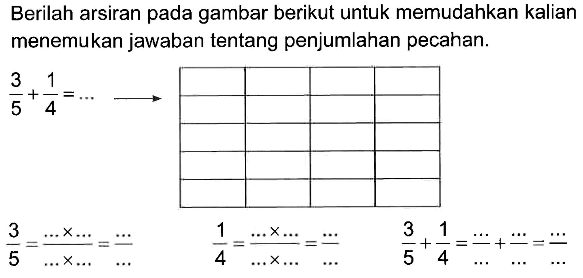 Berilah arsiran pada gambar berikut untuk memudahkan kalian menemukan jawaban tentang penjumlahan pecahan. 3/5 + 1/4 = ... 3/5 = ...x... / ...x... = .../... 1/4 = ...x... / ...x... = .../... 3/5 + 1/4 = .../... + .../... = .../...