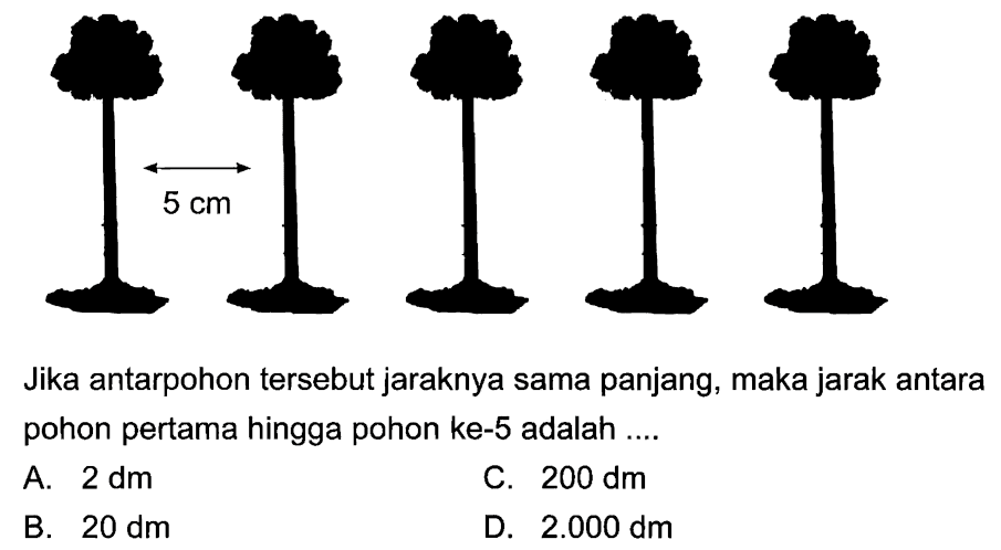 Jika antarpohon tersebut jaraknya sama panjang, maka jarak antara pohon pertama hingga pohon ke-5 adalah ....