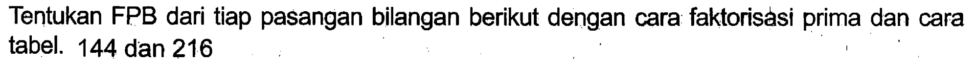 Tentukan FPB dari tiap pasangan bilangan berikut dengan cara faktorisasi prima dan cara tabel. 144 dan 216