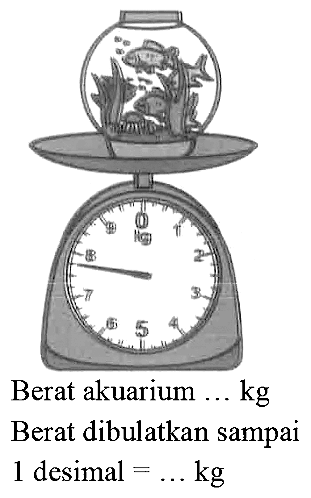 Berat akuarium ... kg. Berat dibulatkan sampai 1 desimal = ... kg