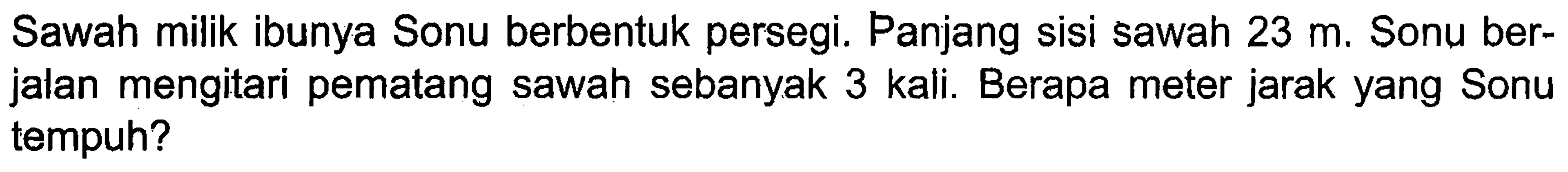 Sawah milik ibunya Sonu berbentuk persegi. Panjang sisi sawah 23 m. Sonu berjalan mengitari pematang sawah sebanyak 3 kali. Berapa meter jarak yang Sonu tempuh?