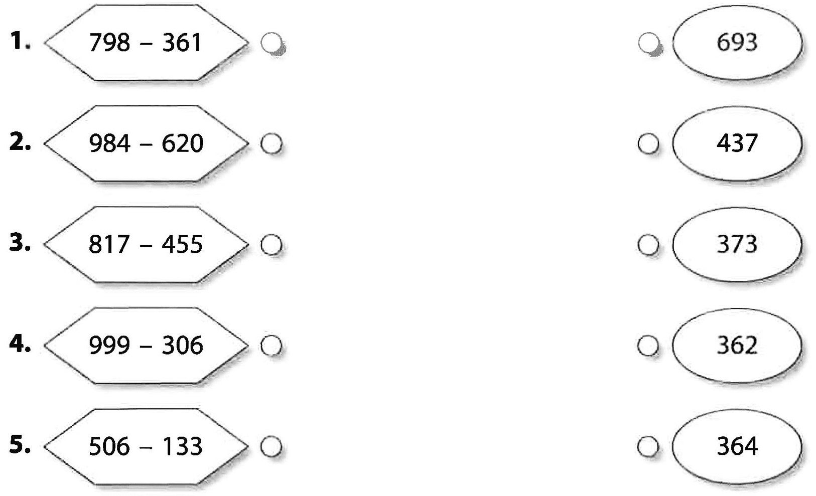 1. 798 - 361 693 2. 984 - 620 437 3. 817 - 455 373 4. 999 - 306 362 5. 506 - 133 364