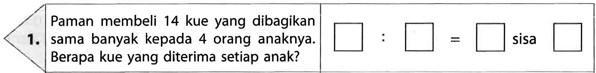 1. Paman membeli 14 kue yang dibagikan sama banyak kepada 4 orang anaknya. Berapa kue yang diterima setiap anak?
 kotak : kotak = kotak sisa kotak