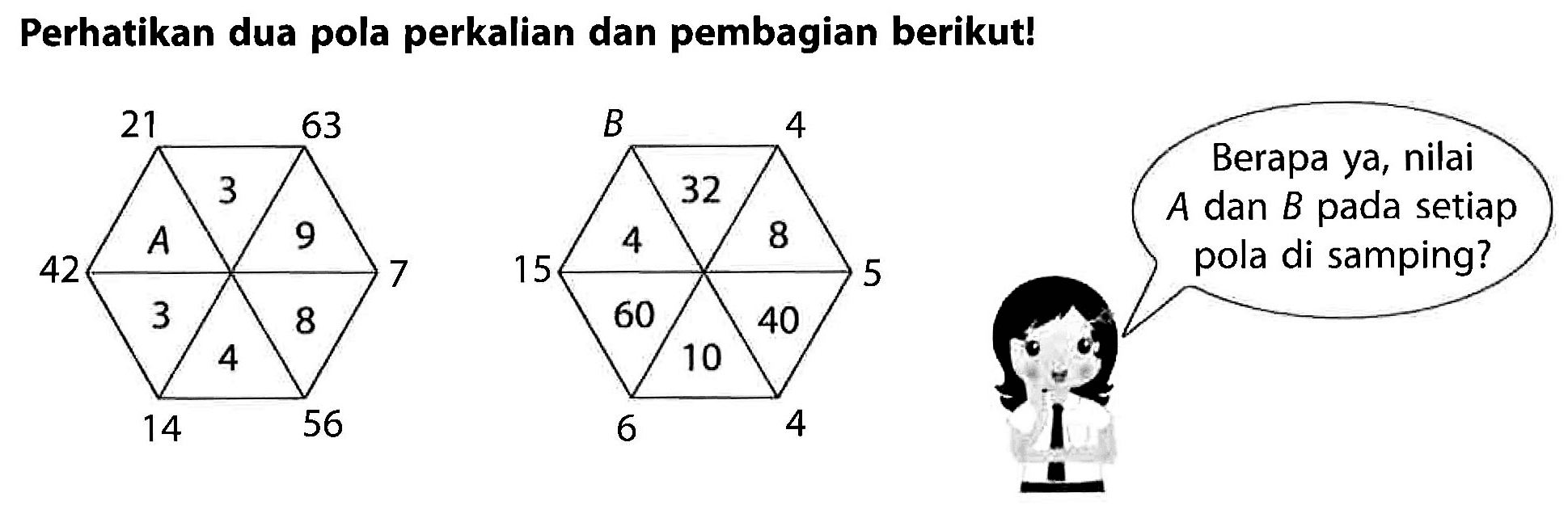 Perhatikan dua pola perkalian dan pembagian berikut! 21 63 B 4 Berapa ya, nilai 3 32 A dan B pada setiap A 9 4 8 pola di samping? 42 15 7 5 3 60 8 40 4 10 14 56 4