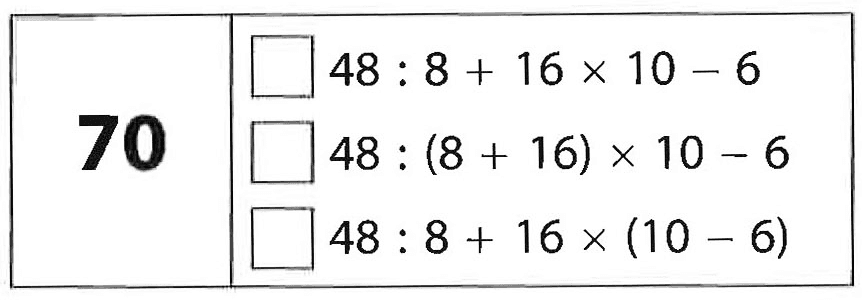 70 
 persegi 48: 8+16 x 10-6 
 persegi 48:(8+16) x 10-6 
 persegi  48: 8+16 x(10-6) 