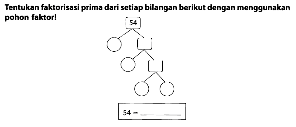 Tentukan faktorisasi prima dari setiap bilangan berikut dengan menggunakan pohon faktor!