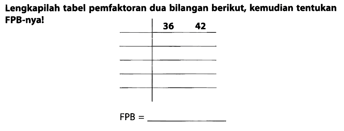 Lengkapilah tabel pemfaktoran dua bilangan berikut, kemudian tentukan FPB-nya!
 
  36  42  
  
  
  
  
 


F P B=
