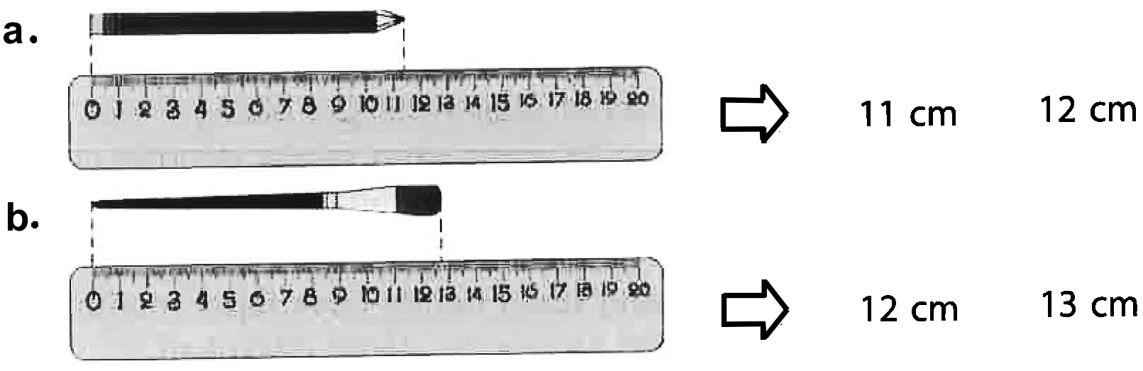a. 0 1 2 3 4 5 6 7 8 9 10 11 12 13 14 15 16 17 18 19 20
b. 0 1 2 3 4 5 6 7 8 9 10 11 12 13 14 15 16 17 18 19 20
11 cm 12 cm 
12 cm 13 cm 