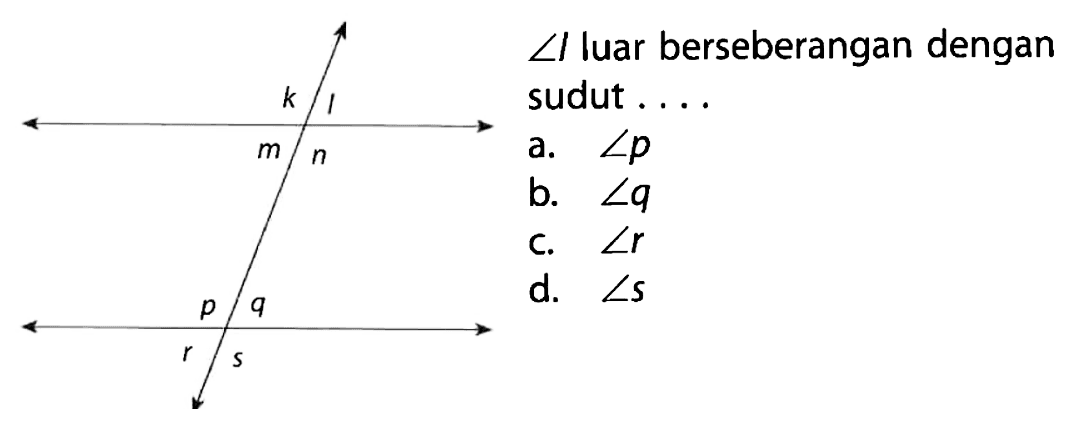 k l m n p q r s sudut I luar berseberangan dengan sudut ...