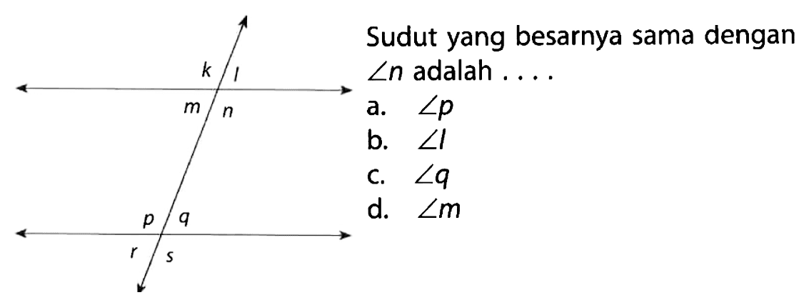 Sudut yang besarnya sama dengan
 sudut n  adalah  ... 
a.  sudut p 
b.  sudut 1 
c.  sudut q 
d.  sudut m 