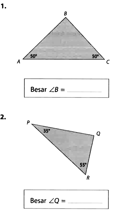 1. B A 50 C 50 Besar sudut B = .... 
2. P 35 Q R 55 Besar sudut Q = ....