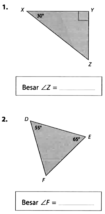 1. X 30 Y Z Besar sudut Z=____ 2. D 55 E 65 F Besar sudut F=____