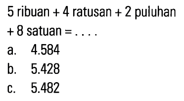 5 ribuan + 4 ratusan + 2 puluhan +8 satuan = ...